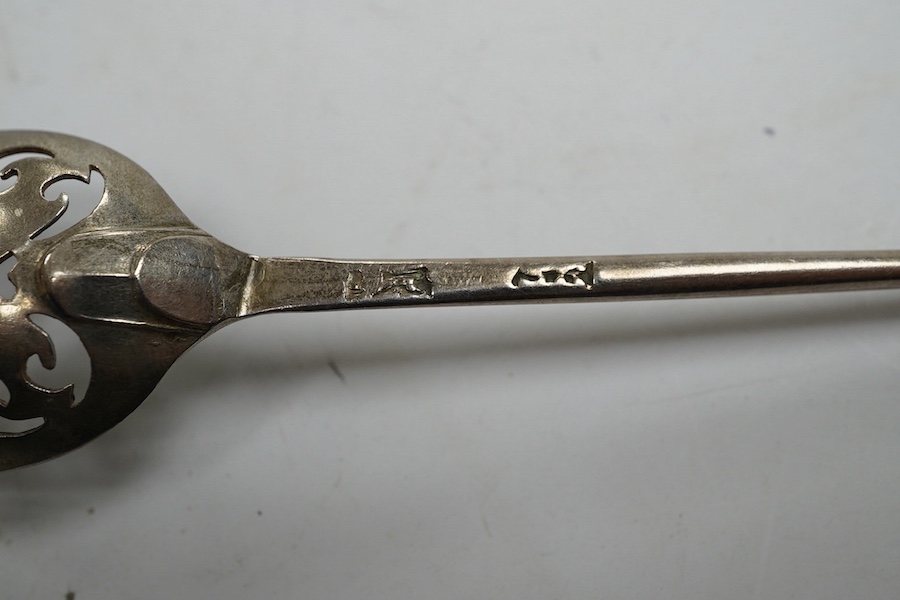 An 18th century silver mote spoon, indistinct maker's mark, with engraved initials, 12.6cm. Condition - fair to good